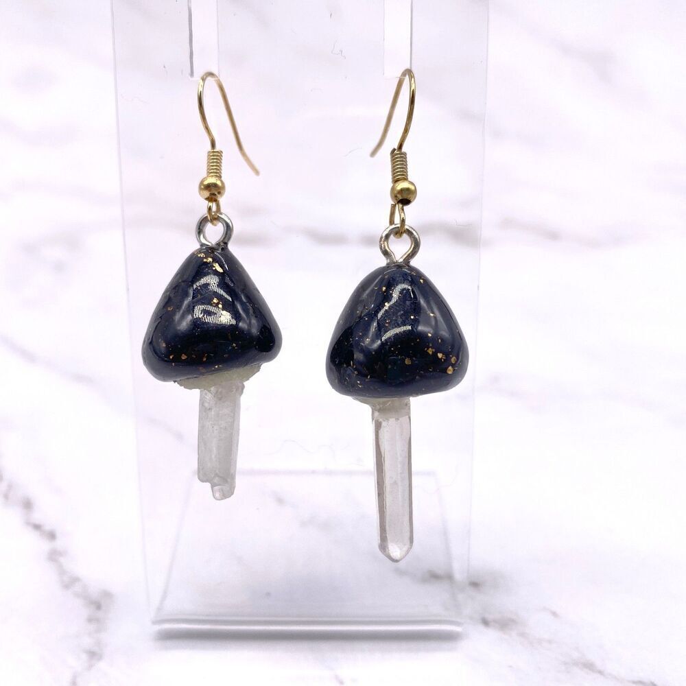 Black Mushroom Quartz Crystal Dangle wire hook earrings